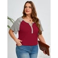 thumbnail image 3 of SHOWMALL Women's Plus Henley Shirts V-Neck Button-Up Short Sleeve Tops Burgundy 5X Color-block Casual Dressy Blouse, 3 of 8