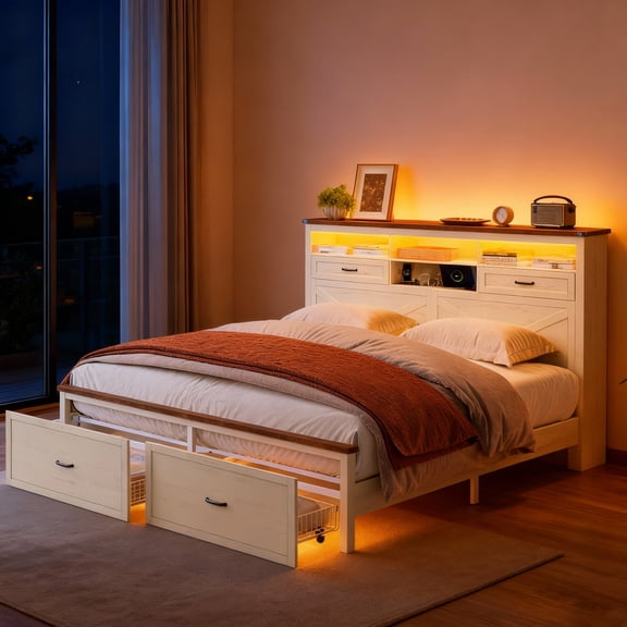 LEDREM Farmhouse King Bed Frame with Storage Headboard, 4 Drawers, LED Lighting, Built-in Charging Station, Noise-Free, Rustic White