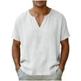 thumbnail image 3 of Men's Linen Cotton V-Neck T-Shirt Casual Beach Top Short Sleeve Summer Soft Breathable Loose Fit Daily Vacation Streetwear | Zenithor,White 4XL, 3 of 9
