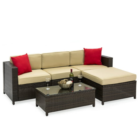 Best Choice Products 5-Piece Modular Wicker Patio Sectional Set w/ Glass Tabletop, Removable Cushion Covers - (Best Choice 7 Piece Sectional)