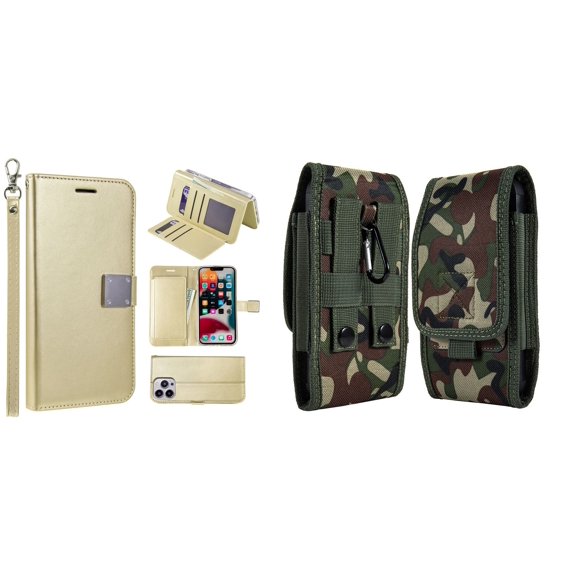 Bemz Pocket Clutch Wallet Case and Belt Holster Pouch for iPhone 14 Pro Max (Gold/Jungle)