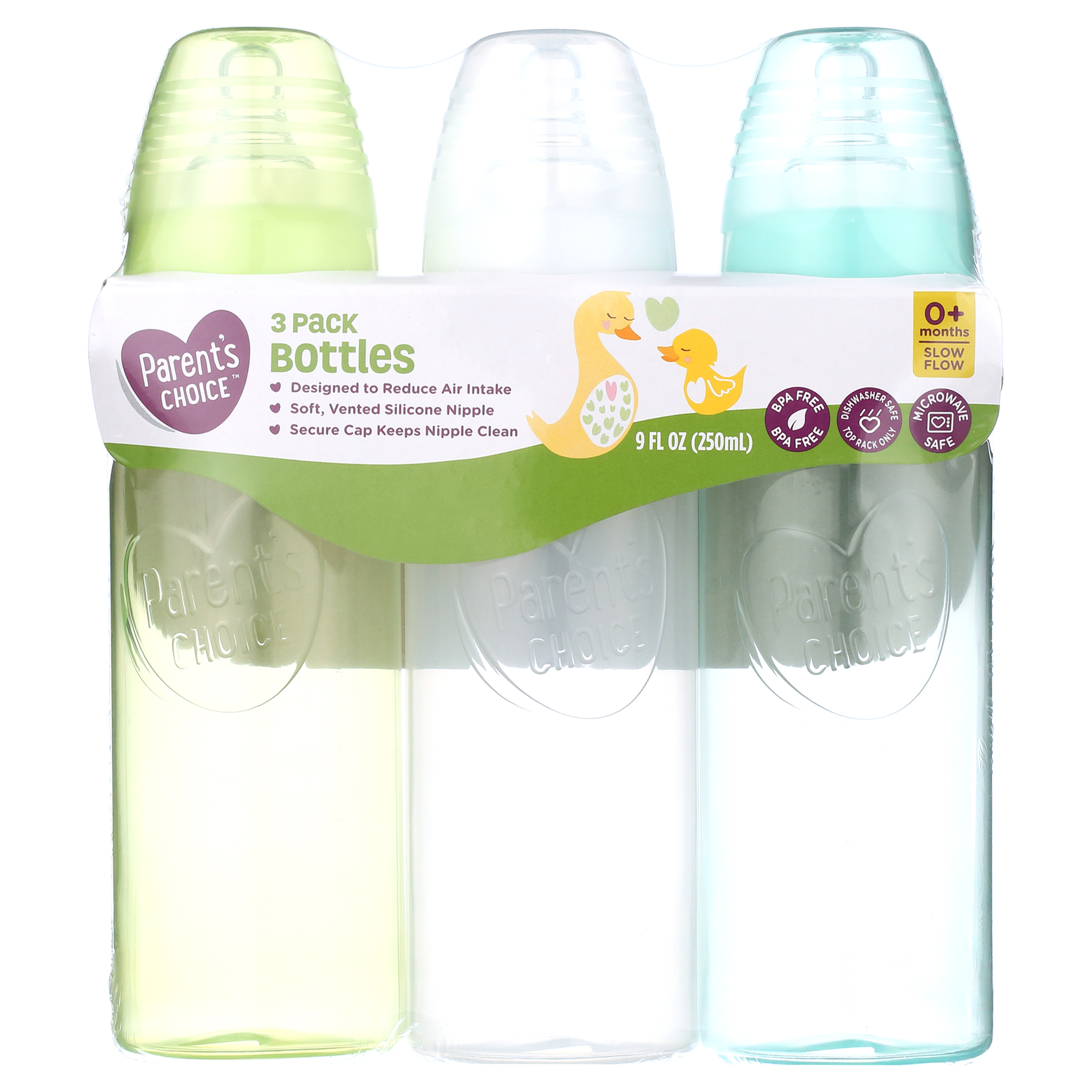 Biberón Parent's Choice Newborn Standard con cuello tintado, 9 fl oz, 0+ meses, paquete de 3, multicolor 2