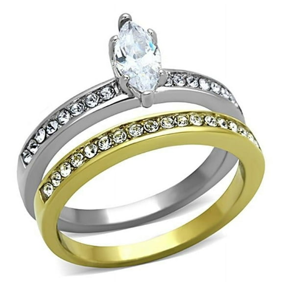 Women Two-Tone IP Gold Stainless Steel Ring with AAA Grade CZ in Clear - Size 5