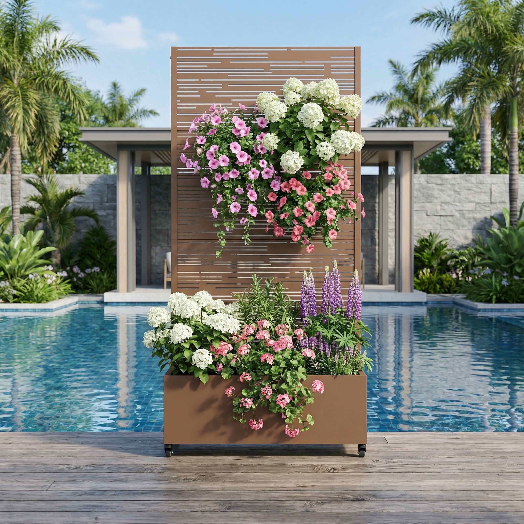 MAYEERTY 72X35" Metal Outdoor Brown Privacy Screen with Planter Box for Backyard & Garden, 5 Piece Set
