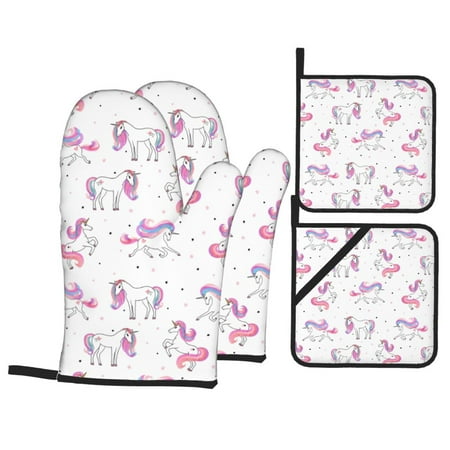 

Oven Mitts and Pot Holders 4 pcs Set Cartoon Cute Horse_C Heat Resistant Pot Holders Oven Mitts for kitchen Non-Slip Hanging Loop Oven Glove Potholders for Baking Cooking