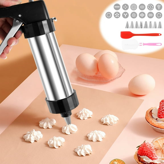 Churro Maker Machine Stainless Steel Cookie Press Kit Complete Cookie Maker Machine with 8 Piping Tips 13 Discs Scraper Sponge Brush Practical Cookie Press Kit for Decorating Cakes