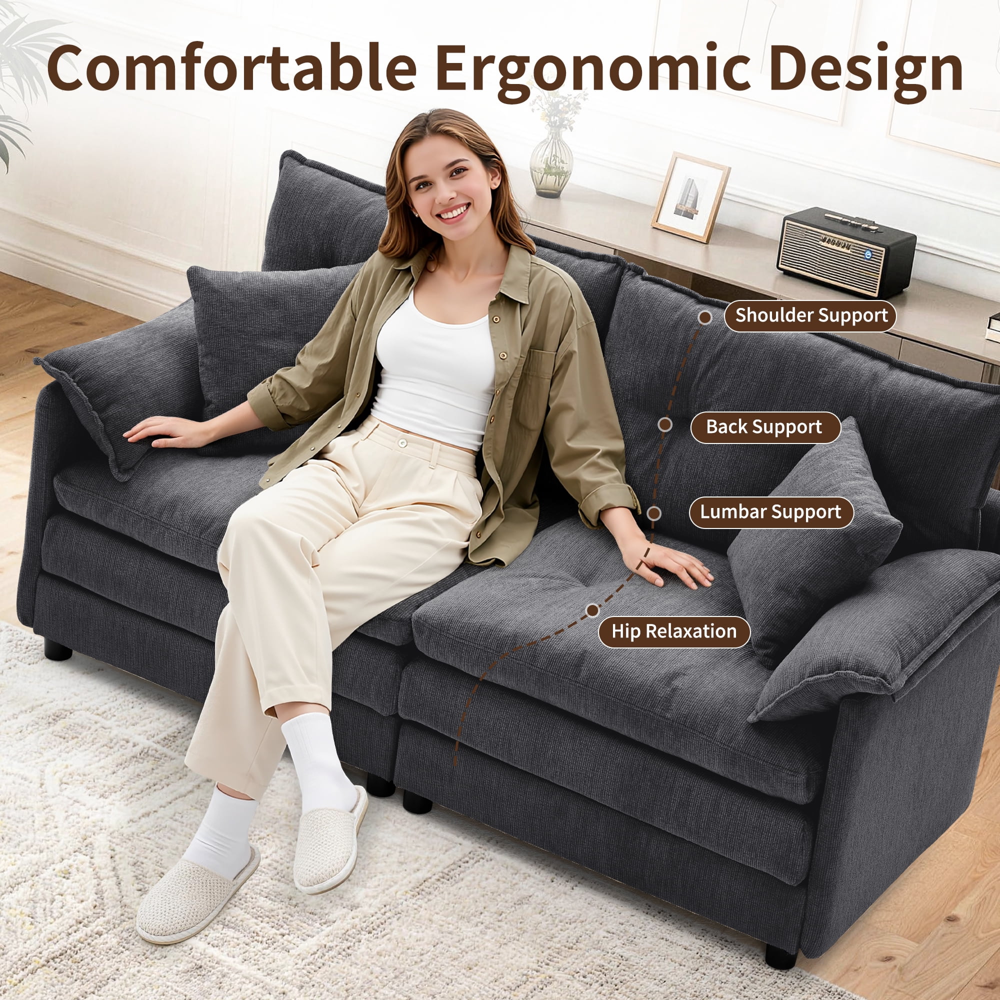Korser Loveseat Sofa with Deep Seat Cloud Couch with 2 Pillows,Chenille 2-seater Sofa Small Couch for Living Room,Assembly Required,Dark Grey