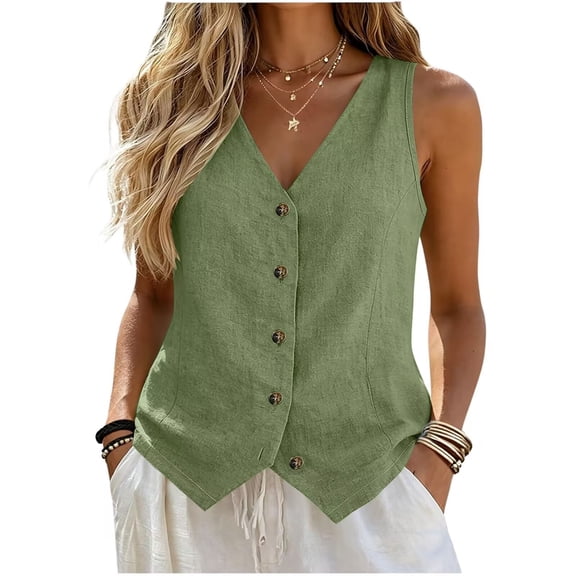 Lumtrix Vest Tops for Women Cotton Linen Summer Tank Top Lightweight Button Down Sleeveless Shirts V Neck Business Casual Tank 2026 for Work Office Vacation Light Green 2XL