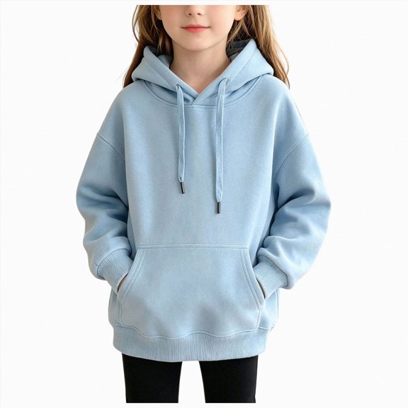 YDFCWXW Kids Solid Color Hoodie Pullover, Long Sleeve Hooded Sweatshirt Drawstring Kangaroo Pocket Athletic Hoodies for Boys Girls (Blue, 13-14 Years)