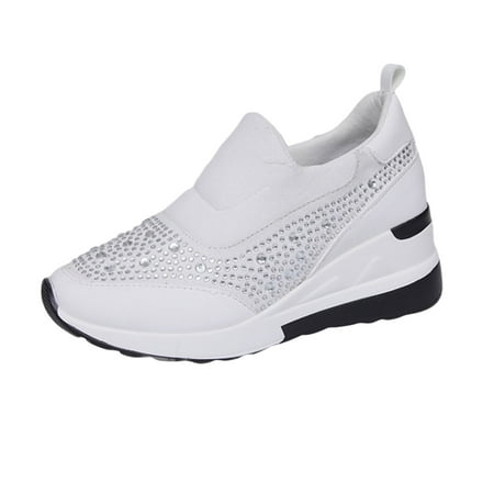 Ladies Fashion Rhinestone Leather Womens Canvas Sneaker Cloth Patched Thick Sole Womens Sneaker Wedge Size 11 Wedges Heel Casual Sports Sneaker Heels for Women Size 11 Shoes