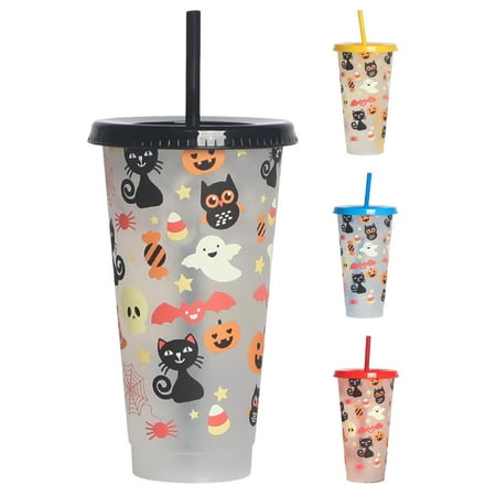 

Halloween Color Changing Cups | 710ml Cartoon Cat Bat Owl Pumpkin Candy Spider Party PP Tumbler | Halloween Tumblers with Lids and Straws Party Supplies for Outdoor Indoor Activities