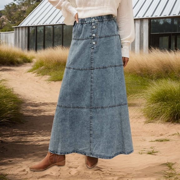 Denim Skirt Women Boho A Line Layered Patchwork Skirt with Buttons Casual Long Women Maxi Shirt Light Blue L