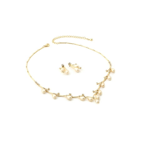 - Gold Crystal Rhinestone and Oval Cream Pearls Necklace with Matching Earrings Jewelry Set