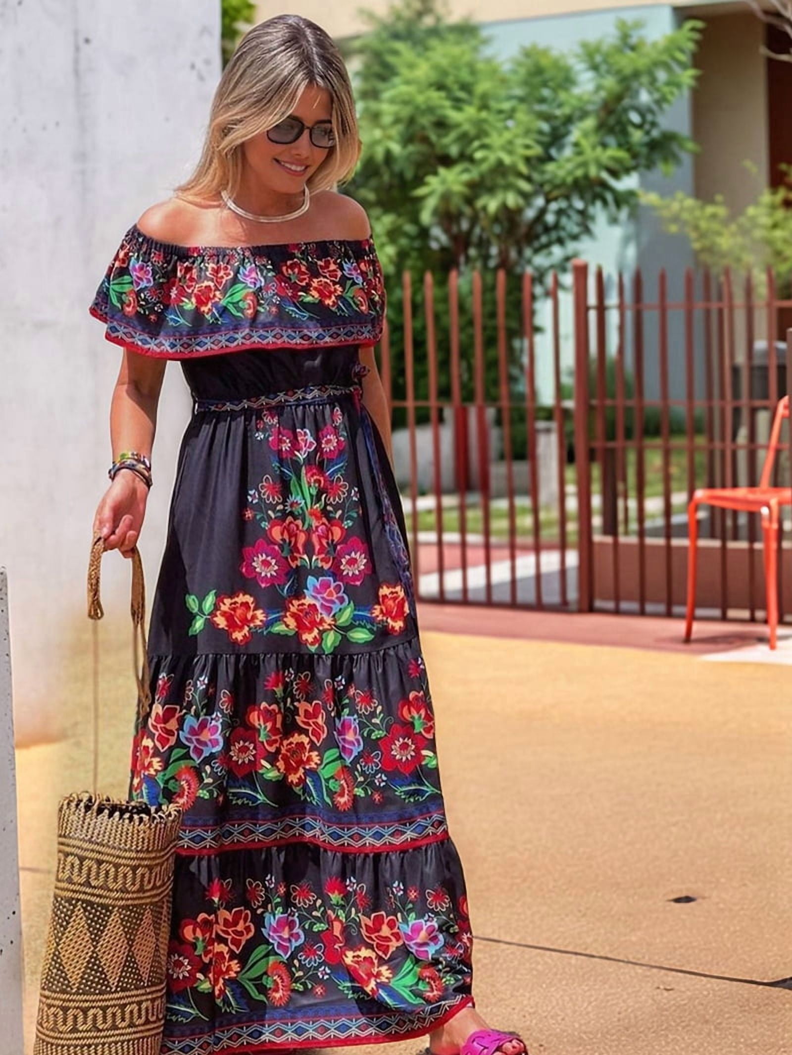 Women'S Mexican Dress Summer Floral Print Off the Shoulder Sleeveless Beach Long Maxi Dress Black & Red L