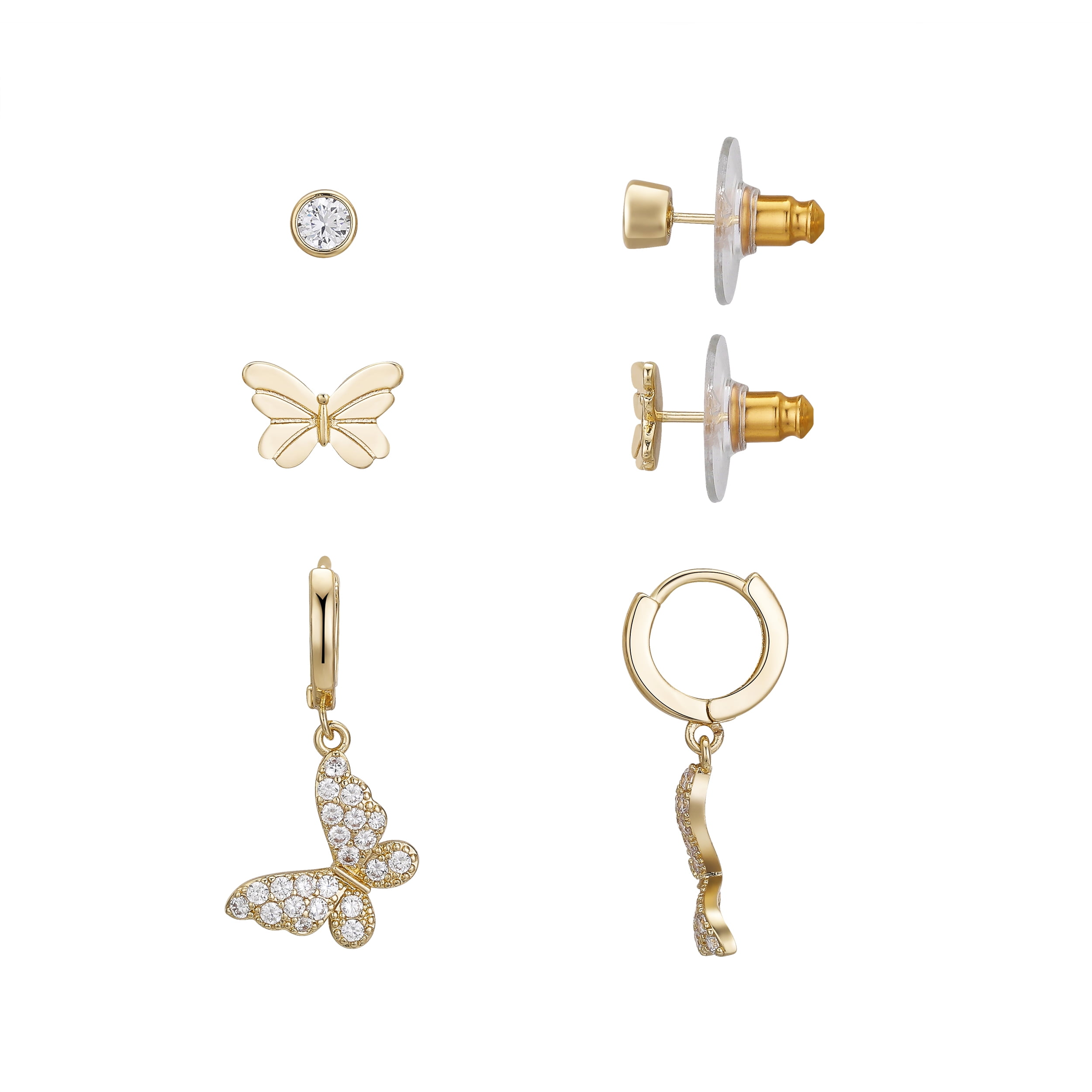 14K Gold Flash-Plated Cubic Zirconia Butterfly Endless Hoop, Bezel, and Butterfly 3-Piece Earring Set