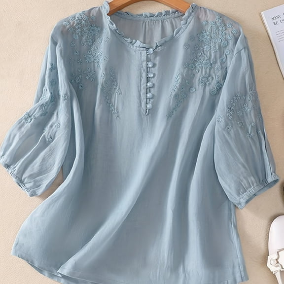 Spring and Summer Women's Embroidered Lightweight Loose Long Sleeved Shirt Top