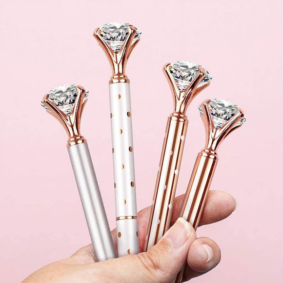 4 PCS Big Crystal Diamond Ballpoint Pen Metal Ballpoint Pens for Office Supplies Gift, Rose Gold/Silver/White With Rose Polka Dots/Rose Gold With White Polka Dots, Includes 4 Pen Refills