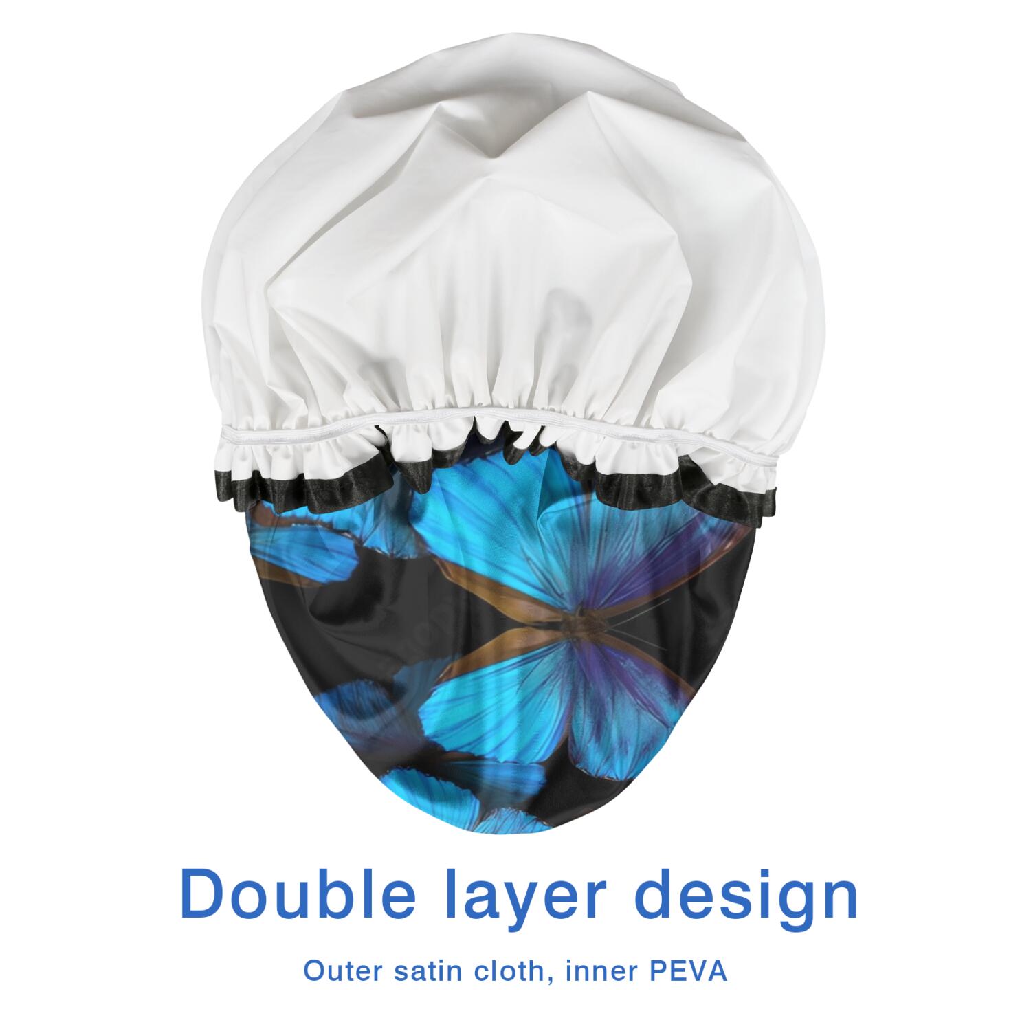 Shower Caps,Black Blue Butterfly Pattern Waterproof Shower Cap for Women 4 Pieces,Double Reusable Hair Cover for Shower PEVA Elastic Stretch Hem