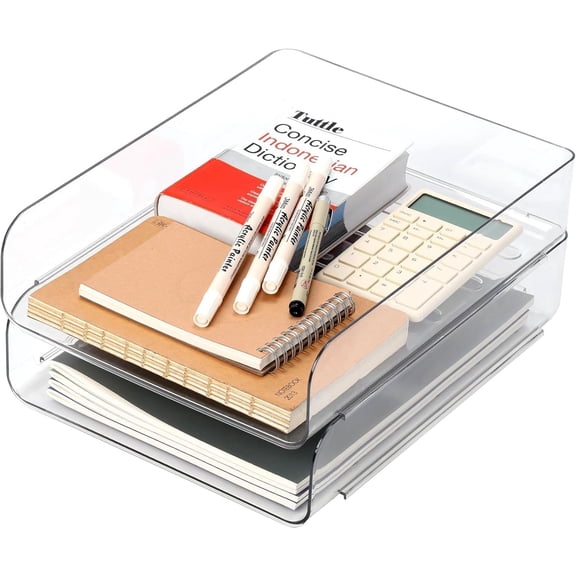 Set of 2 Desk Letter Tray, Office Organization and Storage, Clear PET Letter Tray Desk Organizer, Stackable Document Organizer for Notes, Pens, File Paper