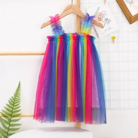 

Hawee Toddlers Girls Summer Rainbow Cotton Mesh Strap Dress CF675-ZR