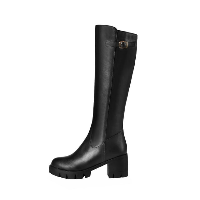 CEHVOM Handsome Motorcycle Boots With Belt Buckle Thick Heel High Heel High Boots