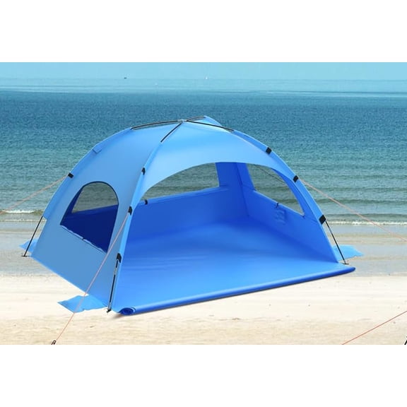 Beach Tent Sun Shelter with Extended Sand Mat，UPF Protection, Double-Layer Windows for Privacy; Portable Beach Shade. Windproof and Waterproof