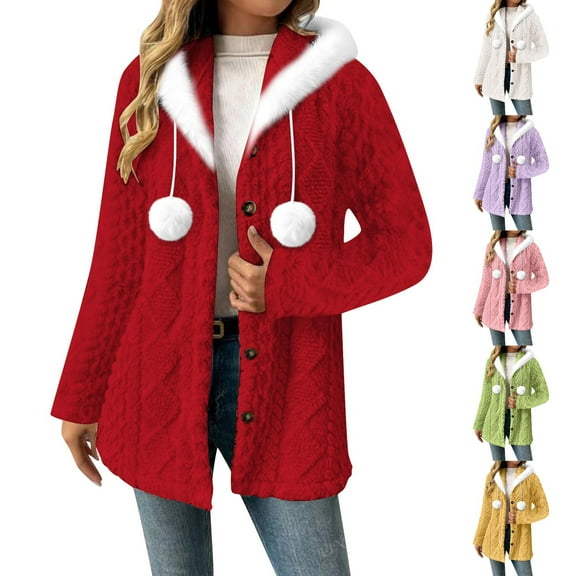 Jinhomg Womens Fleece Jacket Trendy Textured Sherpa Teddy Coats Fur Trim Hooded Oversized Outerwear Casual Button Down Plush Winter Coats