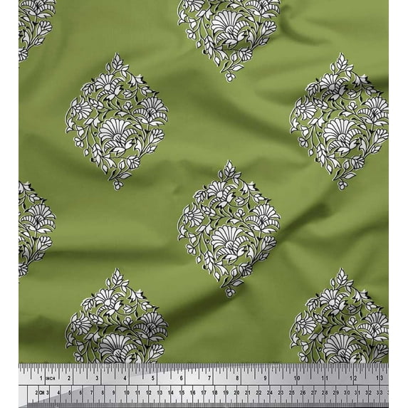 Soimoi Moss Georgette Fabric Leaves & Floral Block Decor Fabric Printed Yard 42 Inch Wide