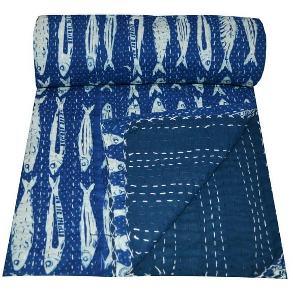 Vintage Fish Print Kantha Quilt Blue Quilt Kantha Bedspread Cotton Blanket Indian Bed Cover Bohemian Quilt Kantha Quilt Queen Size 90 X 108 Inches