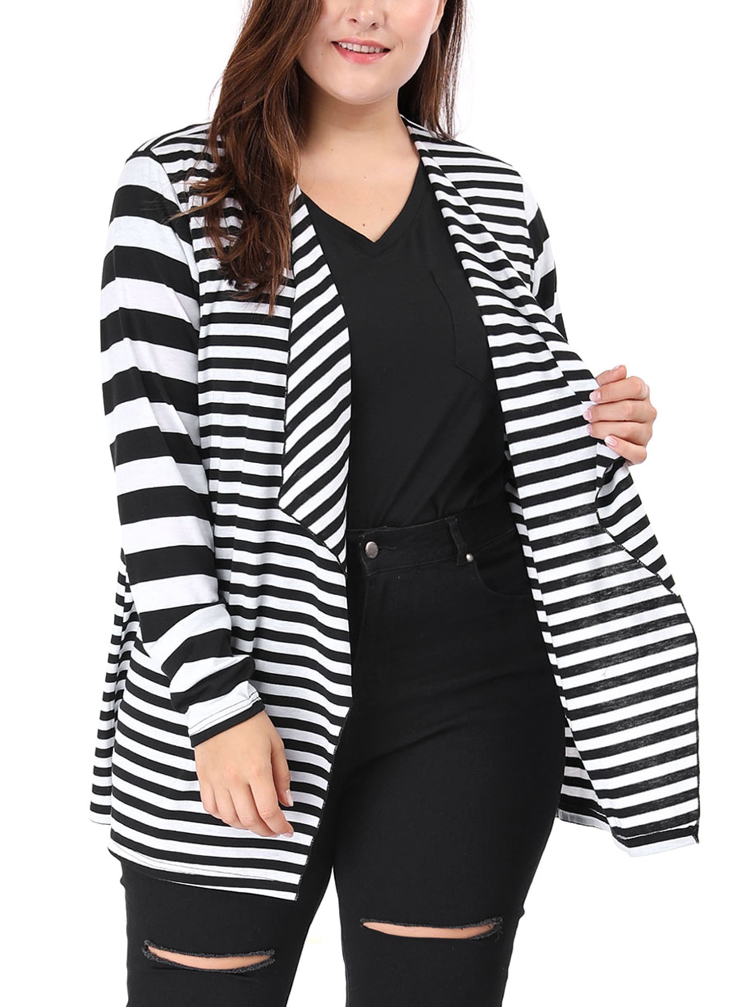 Unique Bargains Women's Plus Size Open Front Striped Mixed Cardigan 3X Black