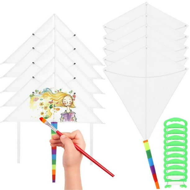 10 cometas de bricolaje para niños, cometas de diamante en blanco, cometas triangulares con cuerdas de cometa de 98 pies, haz tu propia cometa, cometas voladoras fáciles, decoración para niños, cometa