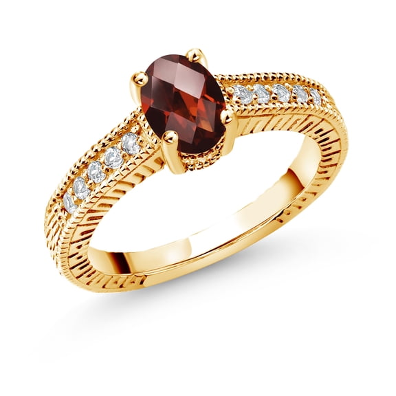 Gem Stone King 1.20 Ct Oval Checkerboard Red Garnet White Topaz 18K Yellow Gold Plated Silver Ring (Size 6)