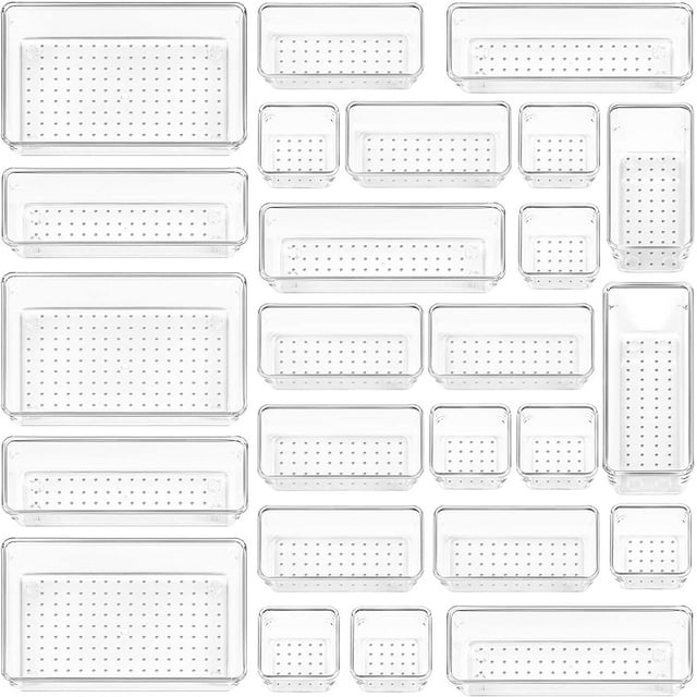 Juego de 25 organizadores de cajones de plástico transparente, bandejas organizadoras de cajones de tocador y baño versátiles de 4 tamaños, contenedores de almacenamiento para maquillaje, dormitorio,