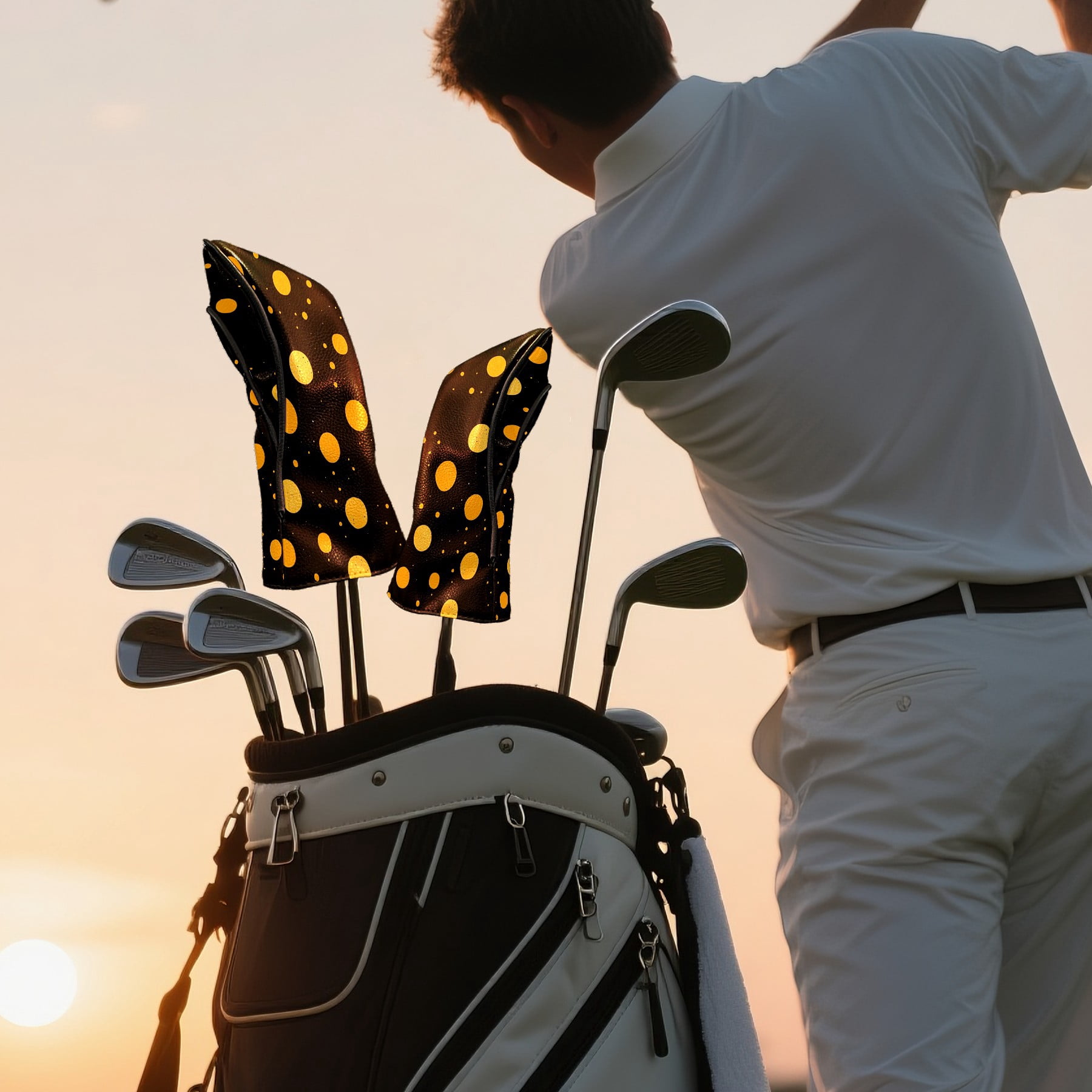 Golf Club Covers PU Leather Waterproof Head Covers for Fairway Woods Hybrids Yellow Polka Dots