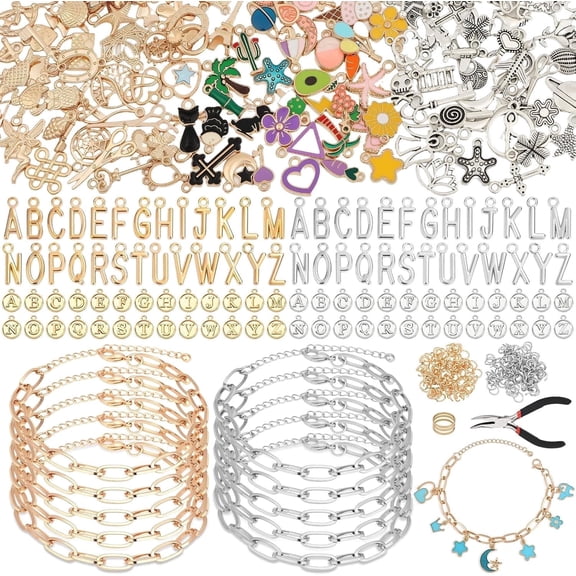 TAVENE 477Pcs DIY Charm Bracelet Making Kit, Gold & Silver Charms, Paperclip Chain & Alphabet Charms, Jewelry Supplies