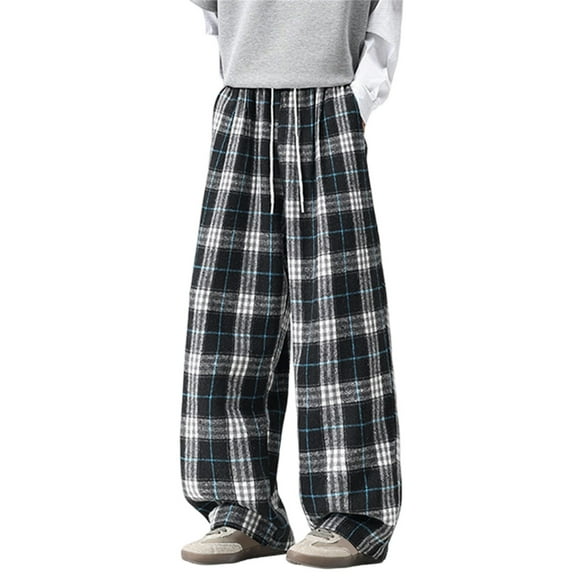 Mens Baggy Sweatpants Color Block Plaid Flannel Straight Leg Pants Relaxed Fit Winter Casual Streetwear Trousers Green L