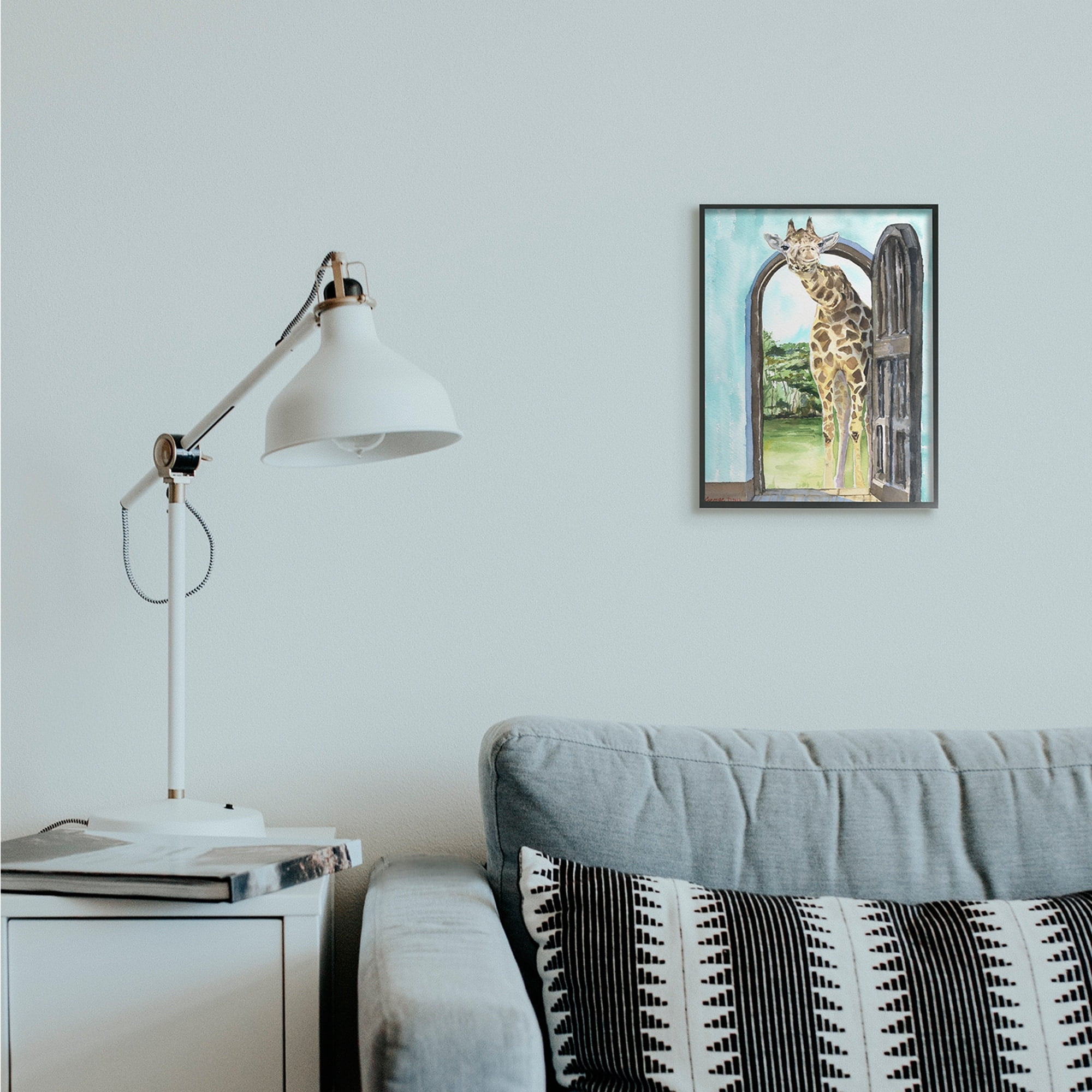 Stupell Industries Giraffe Through Doorway Safari Animal Portrait Black Framed, 24 x 30, Design by George Dyachenko