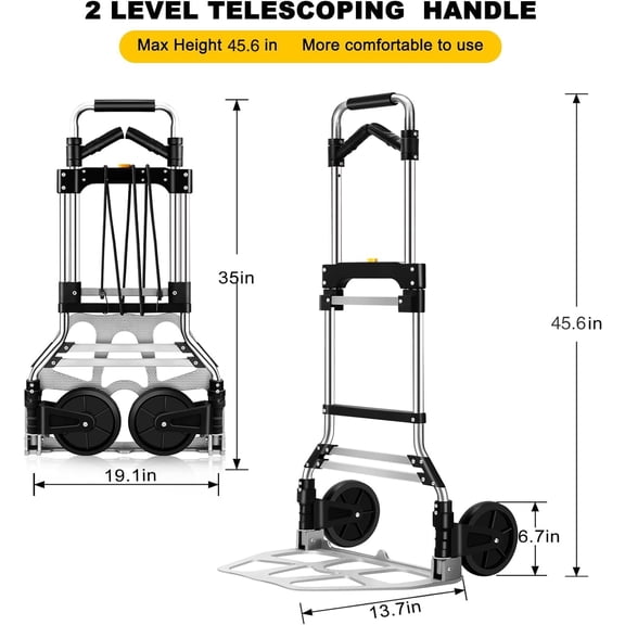 330 LB Capacity Folding Hand Truck Dolly Cart, Portable Aluminum Dolly Cart with Telescoping Handle and Rubber Wheels for Moving,Shopping,Travel,Office Use.