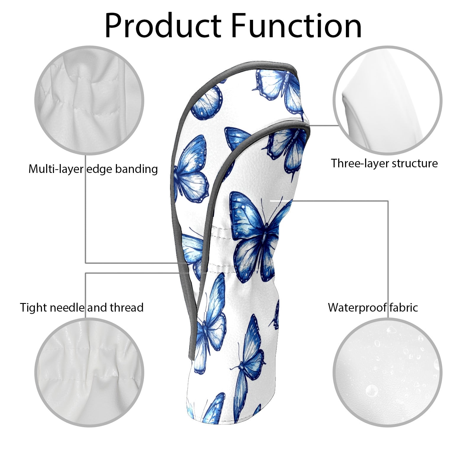 Golf Club Covers PU Leather Waterproof Head Covers for Fairway Woods Hybrids Blue Butterfly