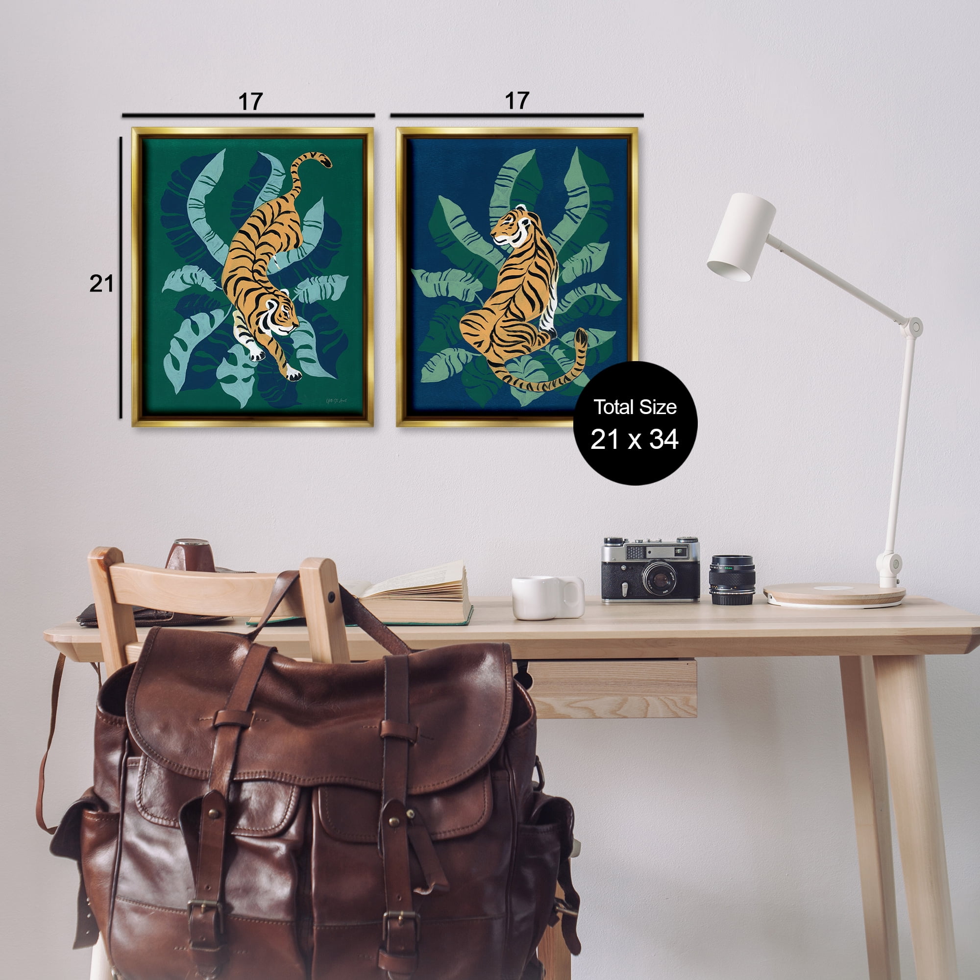 Stupell Industries Prowling Tiger Sitting Tiger Jungle Animals Painting Gold Floater Framed Canvas Art Print Wall Art, 17 x 21, Set of 2