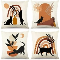 Boho Abstract Black Cat Plant Sunset Decorative Throw Pillow Covers,18x18 Set of 4, Minimalist Art Aesthetic Home Decor, Bohemian Modern Abstract Plant Outdoor Couch Cushion Case