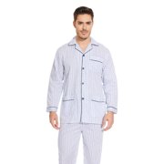 GLOBAL Mens 100% Cotton Long Sleeve Pajama Set, Breathable Lightweight Button Down Nightwear with Pants, S-3XL