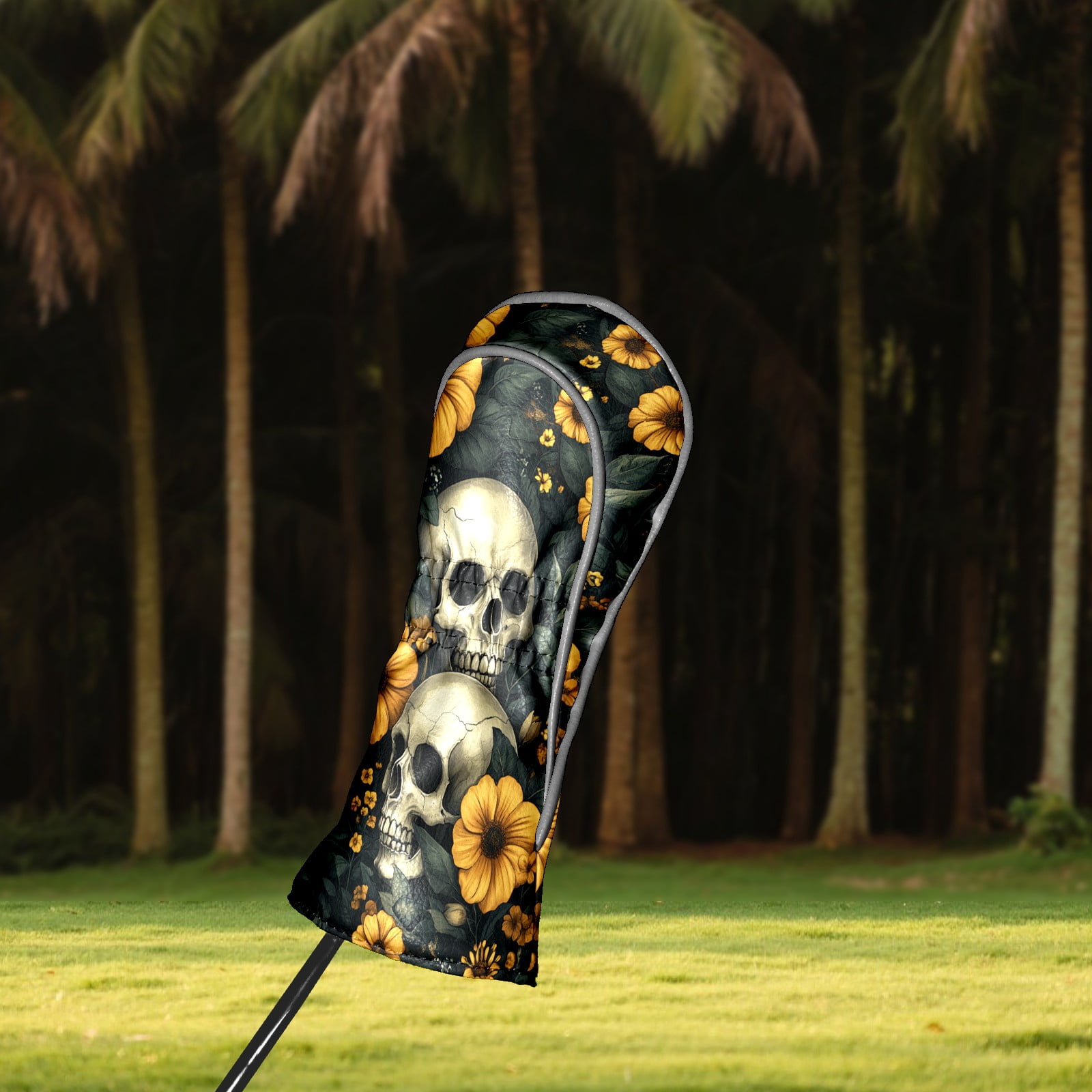 Golf Club Covers PU Leather Waterproof Head Covers for Fairway Woods Hybrids Yellow Flowers And Skulls