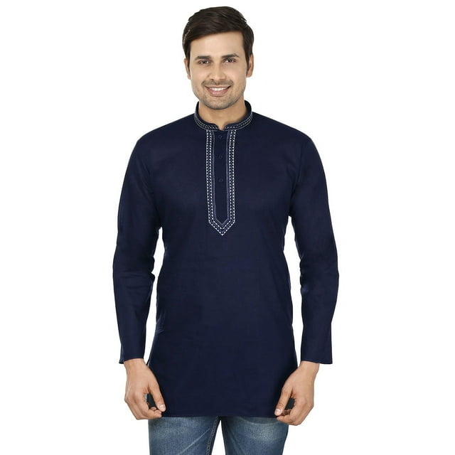Chemise de Mode Indienne pour Homme, Kurta Courte Brodée en Coton (Bleu Marine, TG)