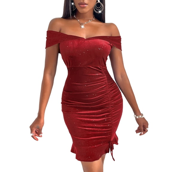 Women' Off-Shoulder Dress Solid Color Sequin Pleated Slim Fit Dress Glamorous Party Dress for New Year's Eve, Clubs, and Evening Galas. Red M