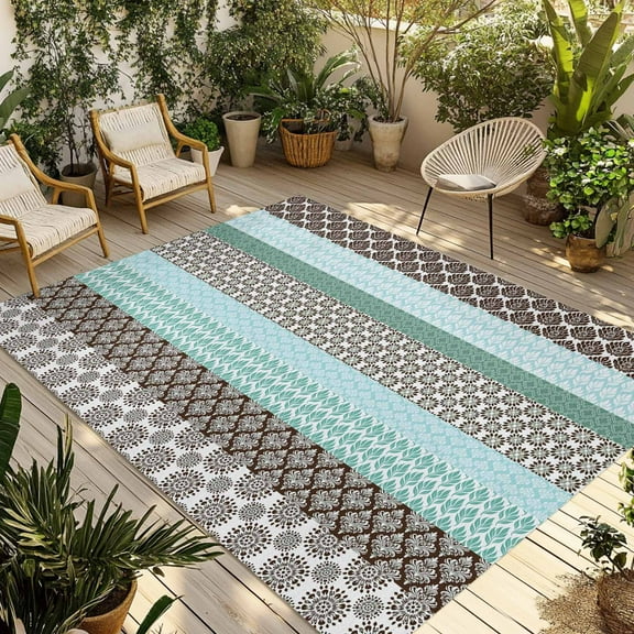 Fsddascl Boho Geometric Outdoor Rug for Patio/Deck/Porch, Non-Slip Large Area Rug 6 x 9 Ft, Turquoise Green Brown Tribal Stripes Indoor Outdoor Rugs Washable Area Rugs, Reversible Camping Rug Carpet