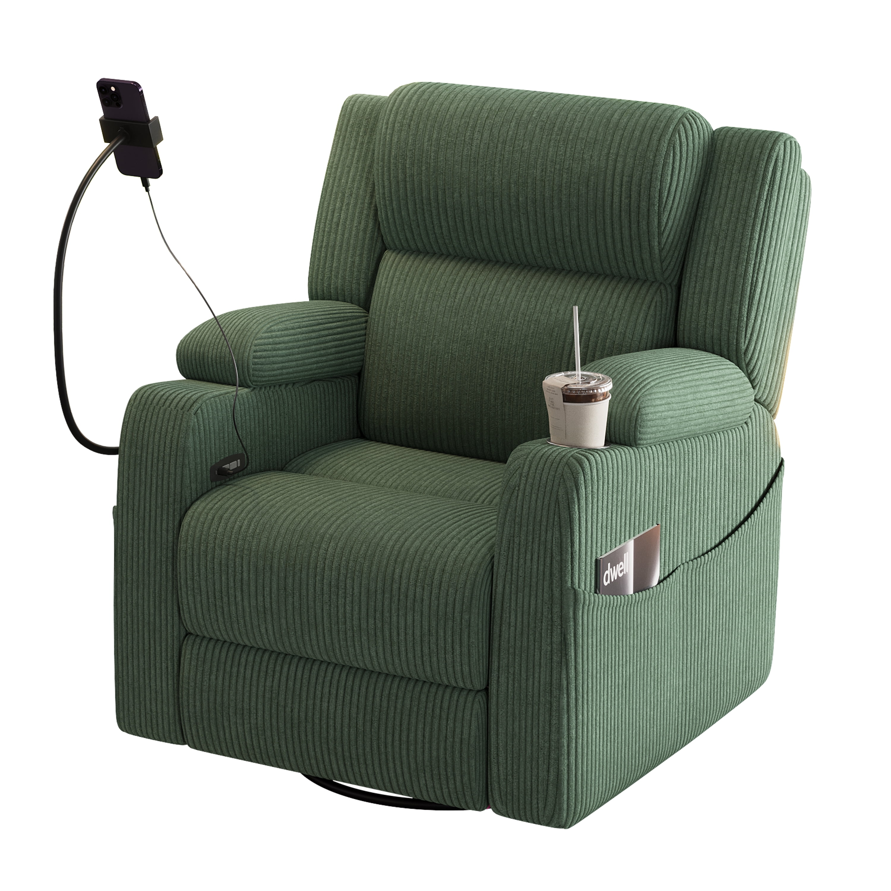Mintazer Electric Power Recliner Chair with Heat & Massage, 270°Swivel Rocker Recliner with Phone Holder & USB and Hidden Storage for Living Room, Green