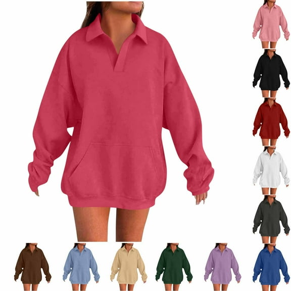 Bmawag Blouses for Women Casual Plus Size Long Sleeve V-NeckSolid Color Pullover Tops Women's Casual Comfortable Loose Sweatshirt with Pocket Blue L