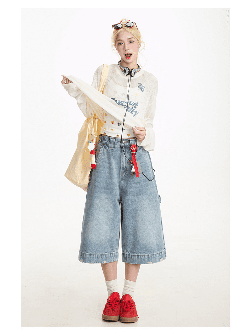【SCENERITY】Cat Wash Wide Jeans VERVET Shine High Rise Cuffed Panel Baggy Wide Leg Jeans