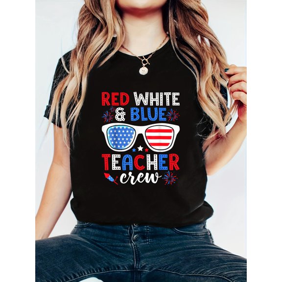 Red White Blue Teacher Crew Matching 4th Of July USA Flag T-Shirt